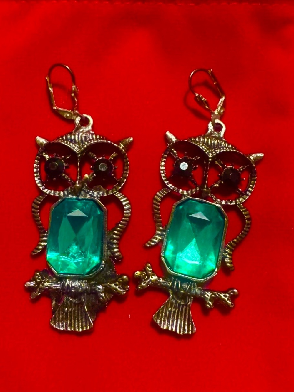 Gold Owl Drop Earrings with Emerald Green Gemstones
